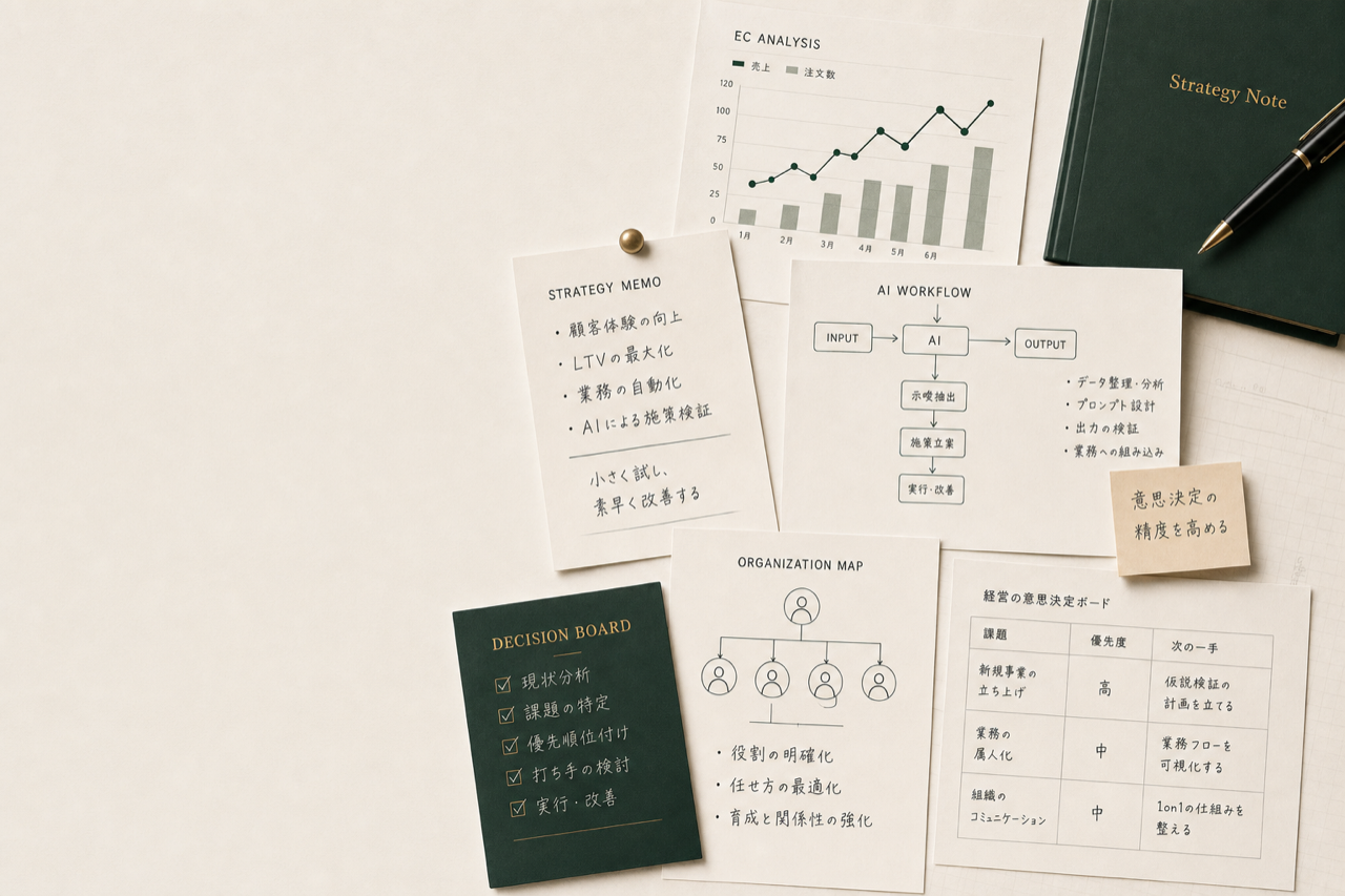 STRATEGY MEMO、AI WORKFLOW、EC分析資料、組織図、意思決定ボードが並ぶ資料コラージュ