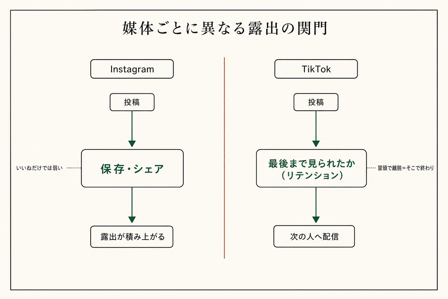 媒体ごとに拾われる入口が違う。Instagramは保存・シェア、TikTokは最後まで見られたか。